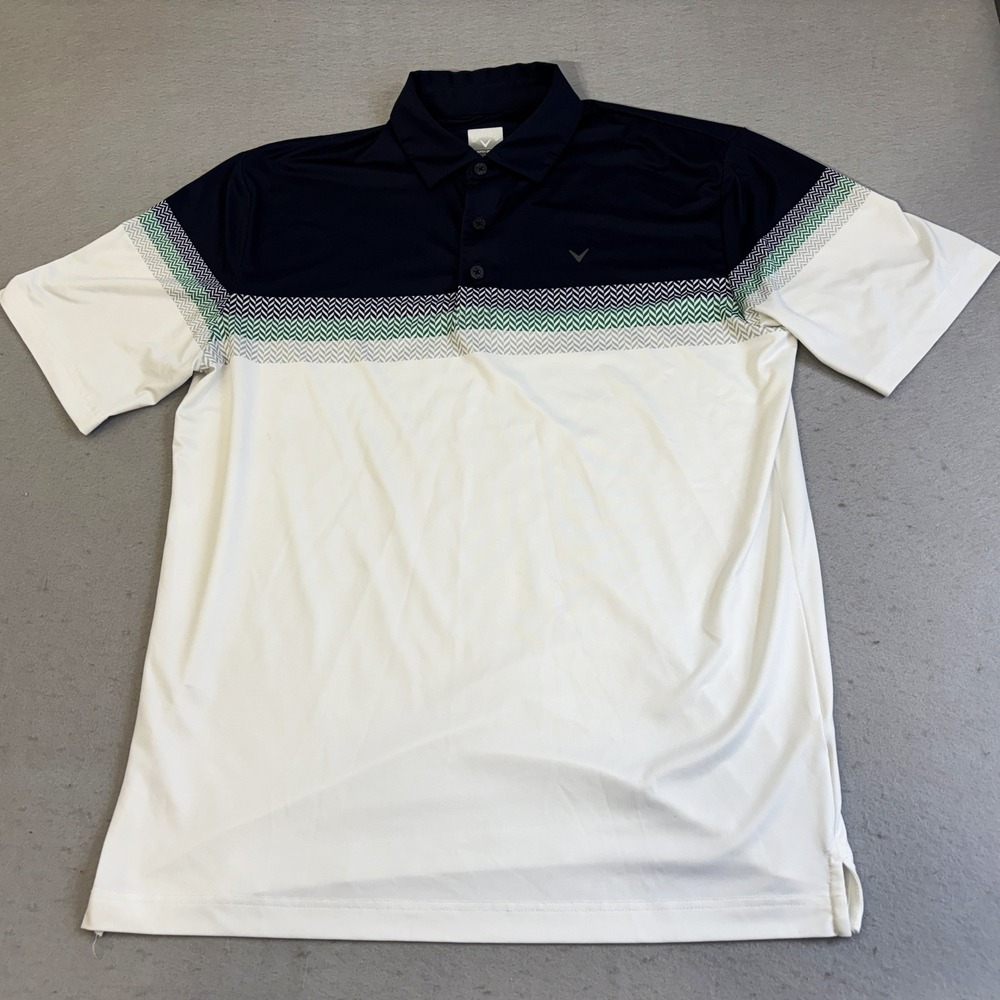 Callaway Golf Polo Shirt Mens Medium Navy White Opti-Dri Chevron Colorblock PGA